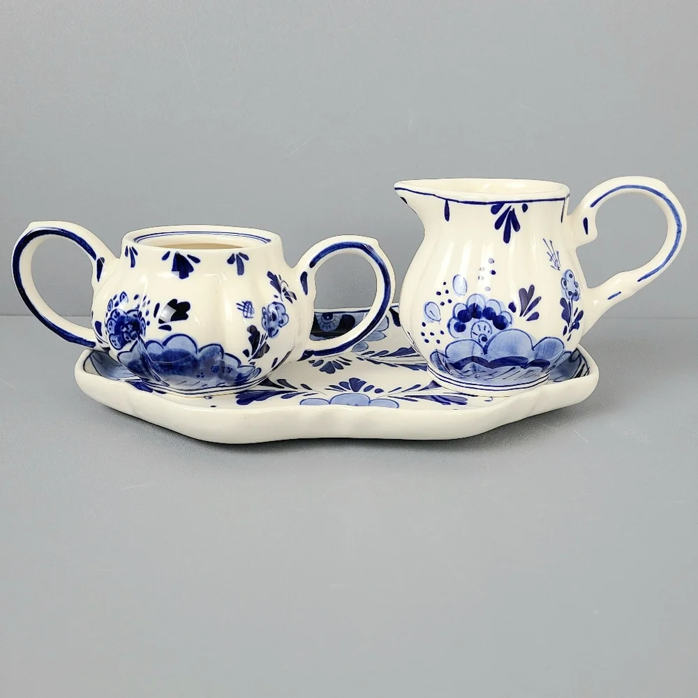 Delftsblauw Blue White Handpainted Vintage Creamer Sugar Tray Set